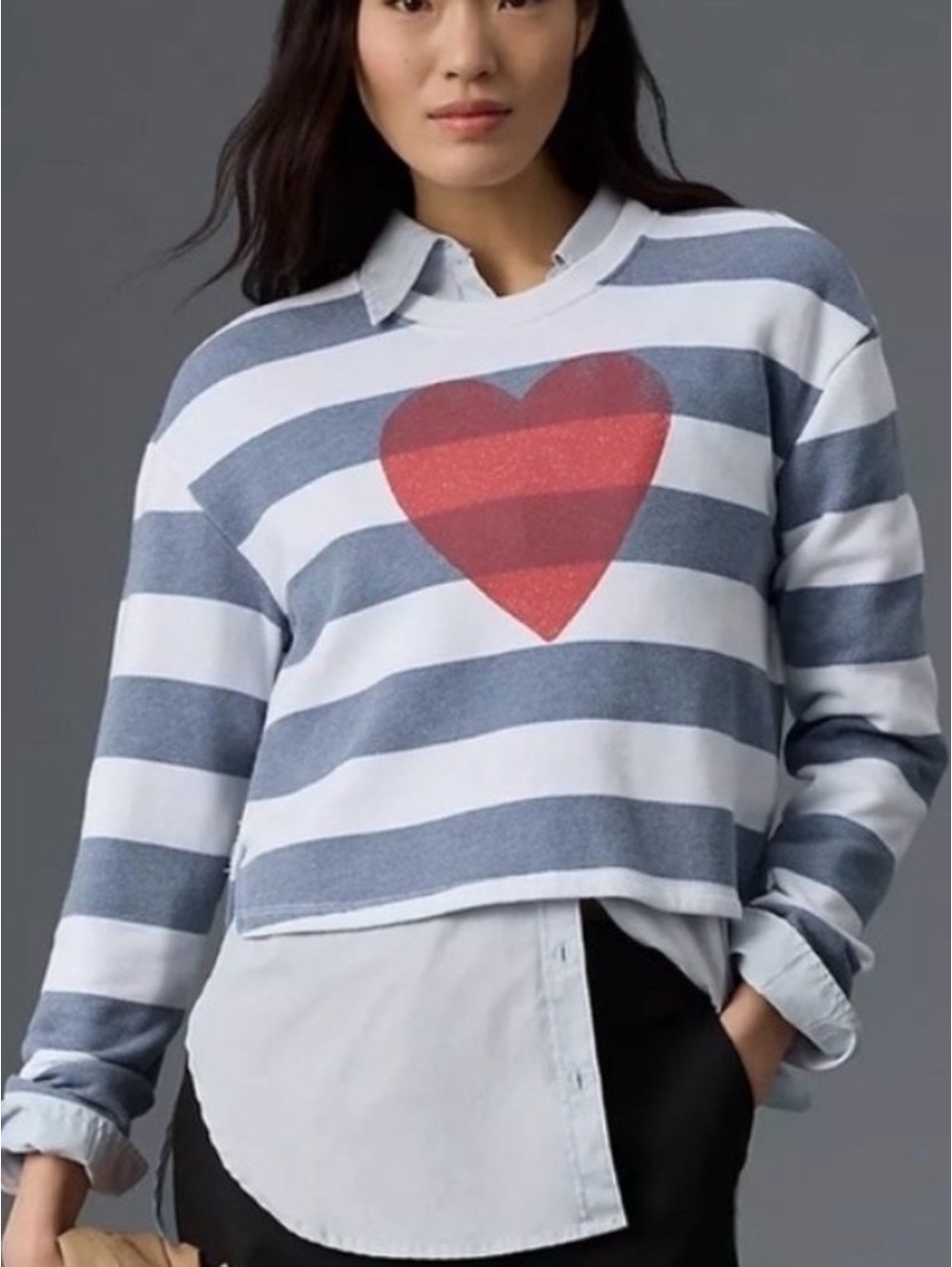 Sundry Cropped Striped Heart Sweatshirt Small